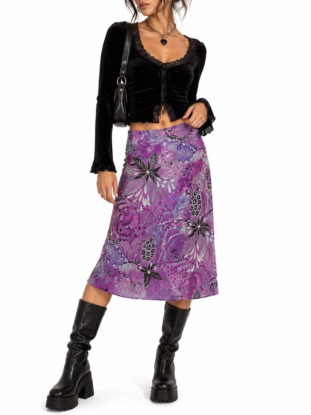 VINTAGE PURPLE PAISLEY MIDI SKIRT Y2K BOHO WHIMSY GOTH FAIRYCORE LINED FLORAL